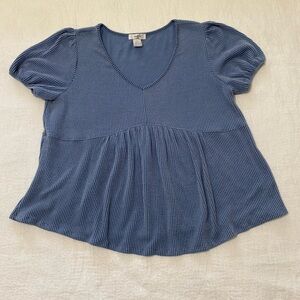 Moa Moa Women 2X Blue Babydoll Tunic V Neck Puff Sleeve Casual Boho Top